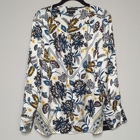 NWT Liz Claiborne White Floral Long Sleeve Blouse - Picture 1 of 7